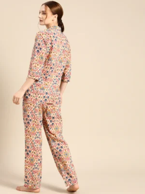 Beige & Navy Blue Printed Women Night suit