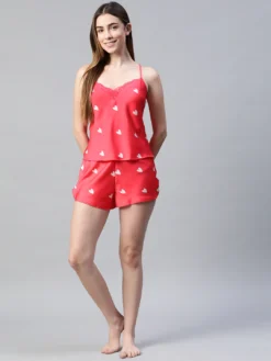 Pink & White Printed Women Night Suit