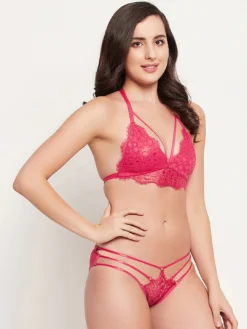 Women Pink Lace Net Bra Set