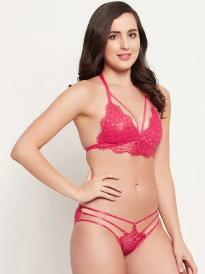 Women Pink Lace Net Bra Set