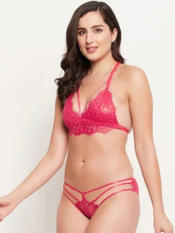 Women Pink Lace Net Bra Set