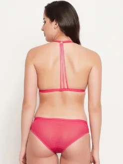 Women Pink Lace Net Bra Set