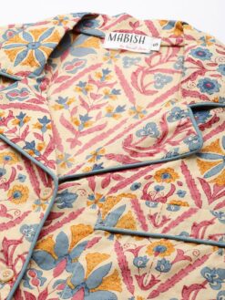 Beige & Navy Blue Printed Women Night suit