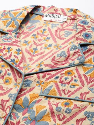 Beige & Navy Blue Printed Women Night suit