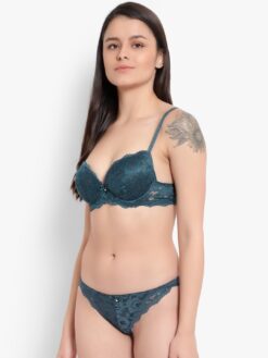 BRACHY Women Green Self Design Bra and Underwear Set