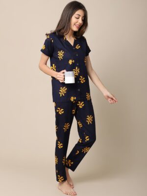 Boston Club Yellow & Navy Blue Women Night suit