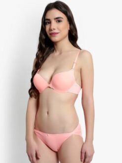 Women Peach Coloured Solid Push Up Bra Set