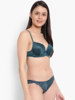 BRACHY Women Green Self Design Bra and Underwear Set
