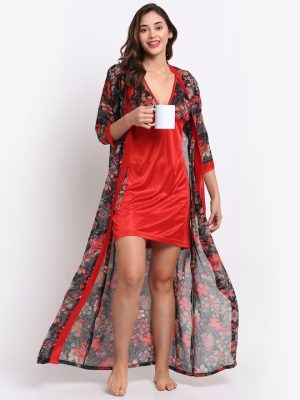 Red Floral Printed Sexy Nightdress