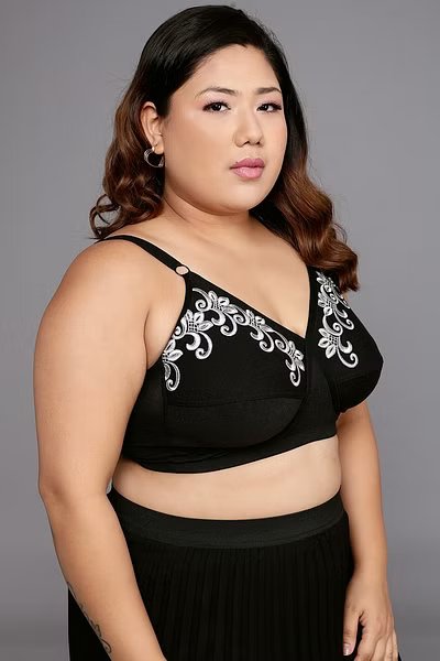 Cotton Rich Full Figure Embroidered Bra in Black - Night Dress