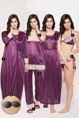 8 Pc Satin Sexy Bridal Nightwear Set - Navy | Buy Sexy Bridal Nightwear Set Online in Pakistan, Nighty Dress Online Shopping in Pakistan, Sexy Night Dress for Wife, Sexy Night Suits for Women