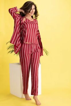 Sassy Stripes 3 Piece Set Bridal Nighty - Women Night Dress