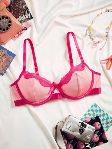 Shiny Pink Fabric With Magenta Lace Women's High End Lace Push Up Bra