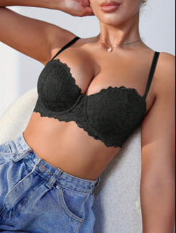 Black Lace Padded Underwire Bra With Adjustable Straps