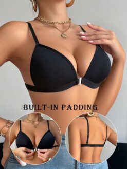 Black Front Closure Wireless Bra With Fixed Pads