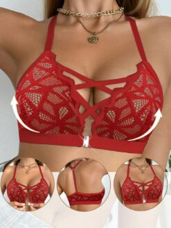 Women Lace Front Closure Wireless Bra Red
