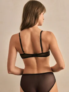 Women's Black Lace Floral Mesh Splice Spaghetti Strap Bra