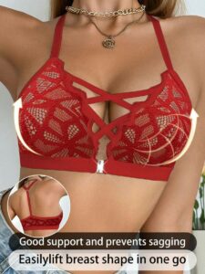 Women Lace Front Closure Wireless Bra Red