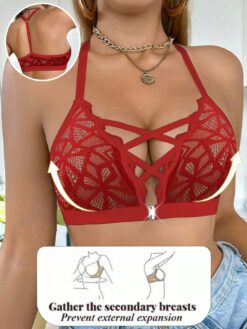 Women Lace Front Closure Wireless Bra Red