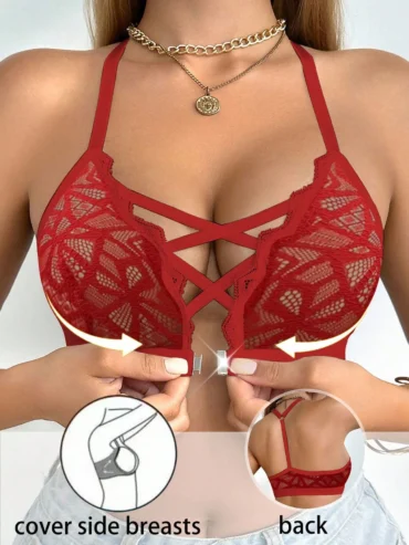 Women Lace Front Closure Wireless Bra Red