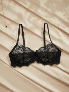 Women's Black Lace Floral Mesh Splice Spaghetti Strap Bra