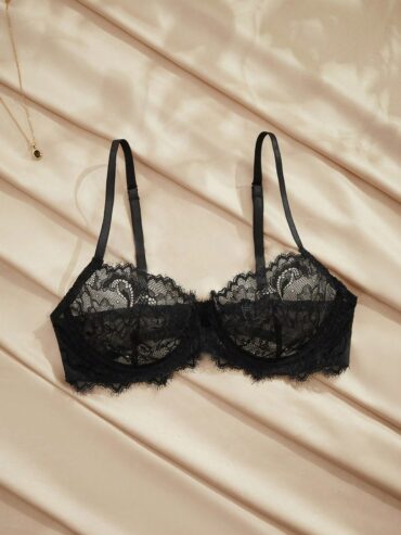 Women's Black Lace Floral Mesh Splice Spaghetti Strap Bra