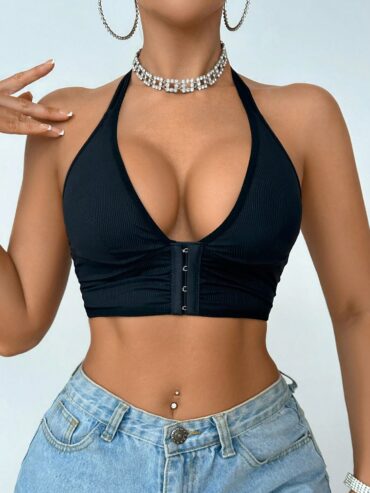 Front Closure Wire Free & Pad Free Halter Neck Bra For Women