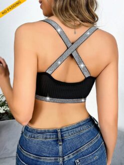 Women Sports Glittering Strap Splicing Racerback Bra