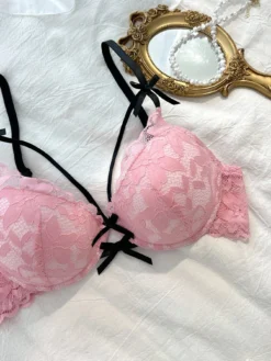 Pink Lace Push Up Bra With Backless Design And Cute Bow