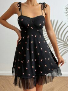 Floral Print Tie Shoulder Ruffle Hem Cami Pajama Nightdress