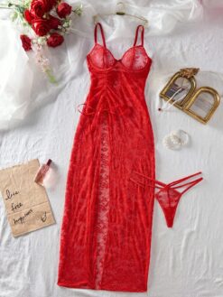 2pcsSet Women Lace High Slit Sexy Lingerie Set UnderwearOuter
