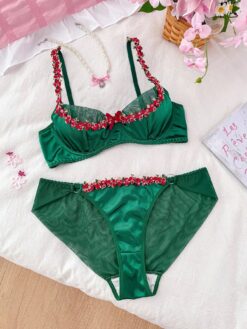 Sweet & Sexy Floral Embroidery Contrast Bow Underwire Bra & Panty Set