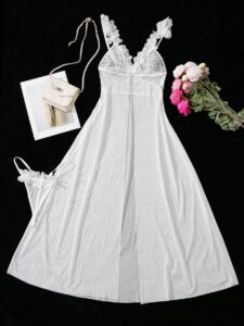 Wedding Lace Contrast Mesh Floral Maxi Nightgown With G String