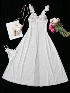 Wedding Lace Contrast Mesh Floral Maxi Nightgown With G String
