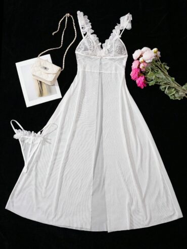 Wedding Lace Contrast Mesh Floral Maxi Nightgown With G String