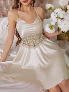 CĂ´tesoire Lace Trimmed Satin V-Neck Women's Pajama Night Dress