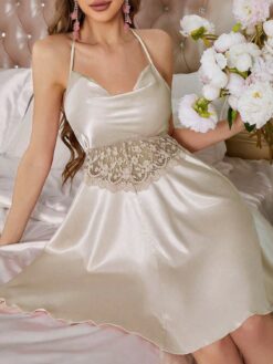 Côtesoire Lace Trimmed Satin V-Neck Women's Pajama Night Dress