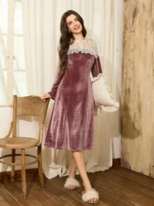 Women's Elegant French Style Patchwork Velvet Long Sleeve Velvet Dress
