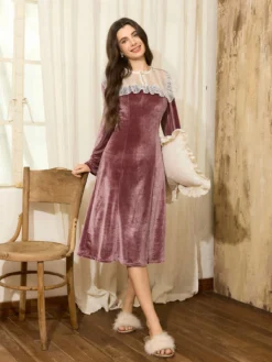 Women's Elegant French Style Patchwork Velvet Long Sleeve Velvet Dress