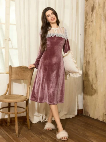Women's Elegant French Style Patchwork Velvet Long Sleeve Velvet Dress