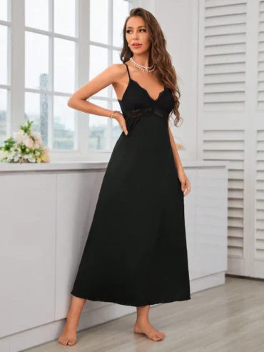 Slumberist Contrast Lace Cut Out Backless Cami Pajama Nightdress