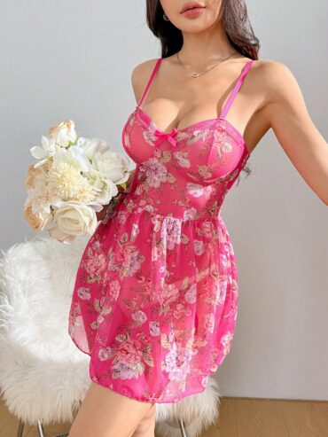 Floral Print With Bow Decor Camisole Nightgown Babydoll