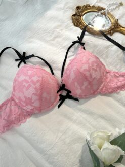 Pink Lace Push Up Bra With Backless Design And Cute Bow