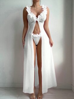 Wedding Lace Contrast Mesh Floral Maxi Nightgown With G String