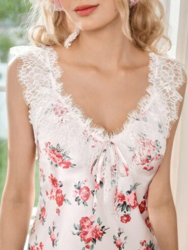FloralLove Satin Comfortable Satin Lace Flower Women's Nightgown