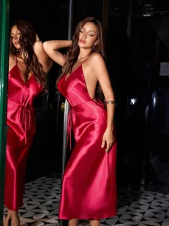 Women's Sexy Deep V-Neck Backless Elegant Satin Long Dress
