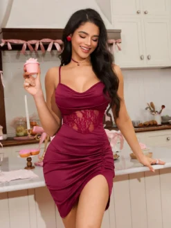 Women's Casual Young Burgundy Knitted Sleep Dress