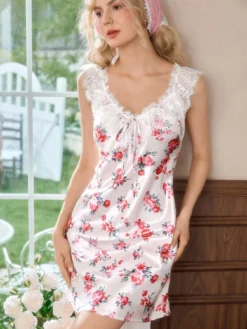 FloralLove Satin Comfortable Satin Lace Flower Women's Nightgown
