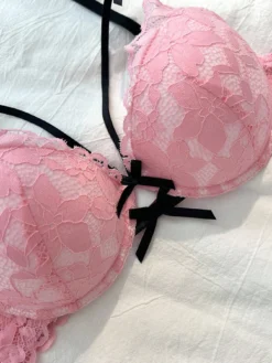 Pink Lace Push Up Bra With Backless Design And Cute Bow