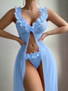 Crystal Vow 2pcs Set Floral Lace Contrast Mesh Maxi Nightgown